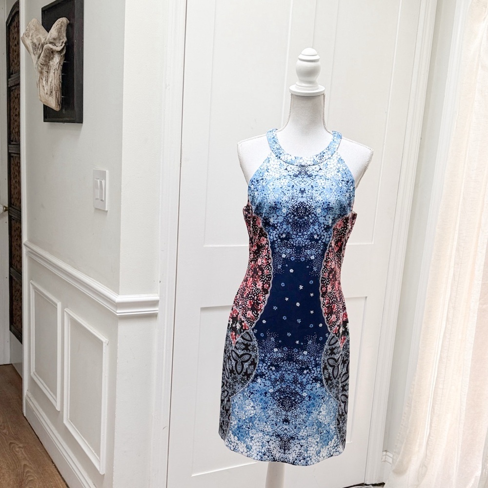 Guess Los Angeles Floral Panel Halter Bodycon Dress Blue Pink Black Women 14